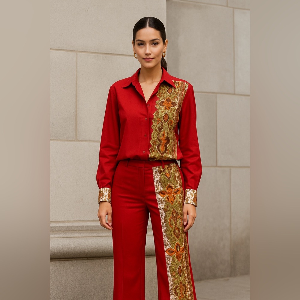 VNTG Leisure Suit Two-Piece‎ Pant Set paisley print red women M read description